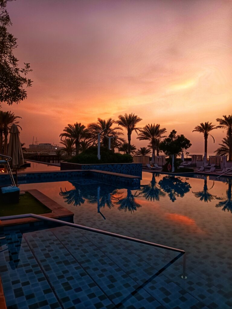 Palm trees and a resort pool at sunset on Saadiyat Island