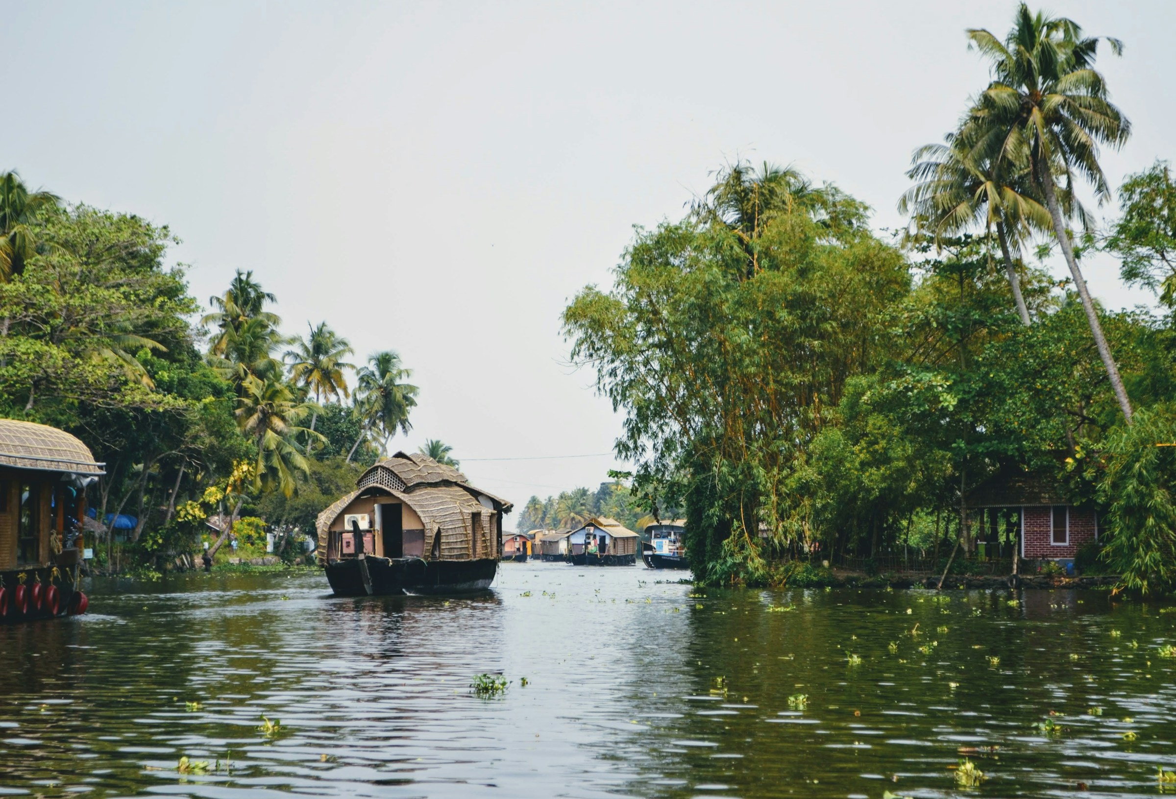 Traditional wooden houseboat on the water, Alleppey backwaters