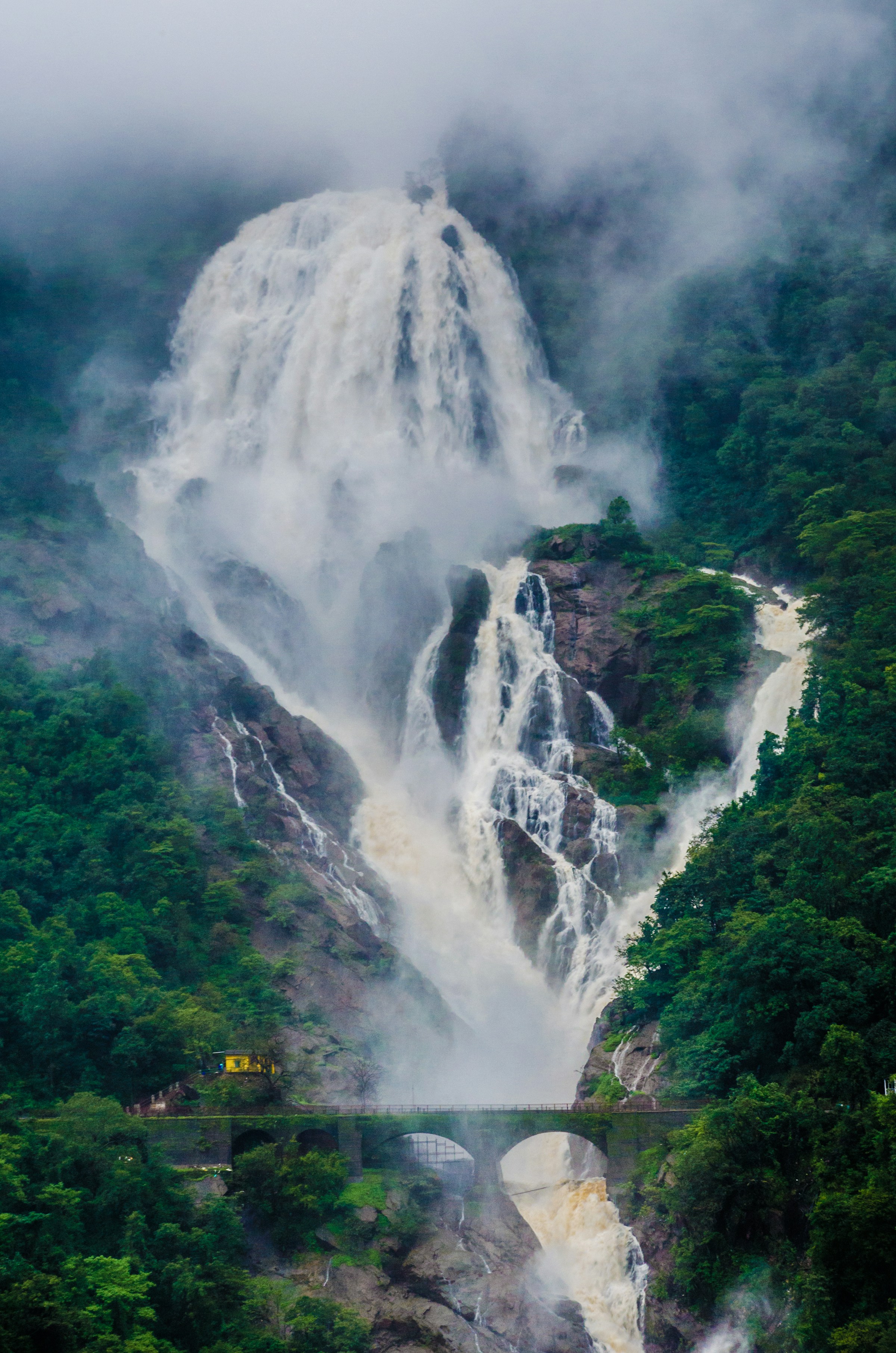 Waterfall and railway bridge in Goa, Dudhsagar Falls