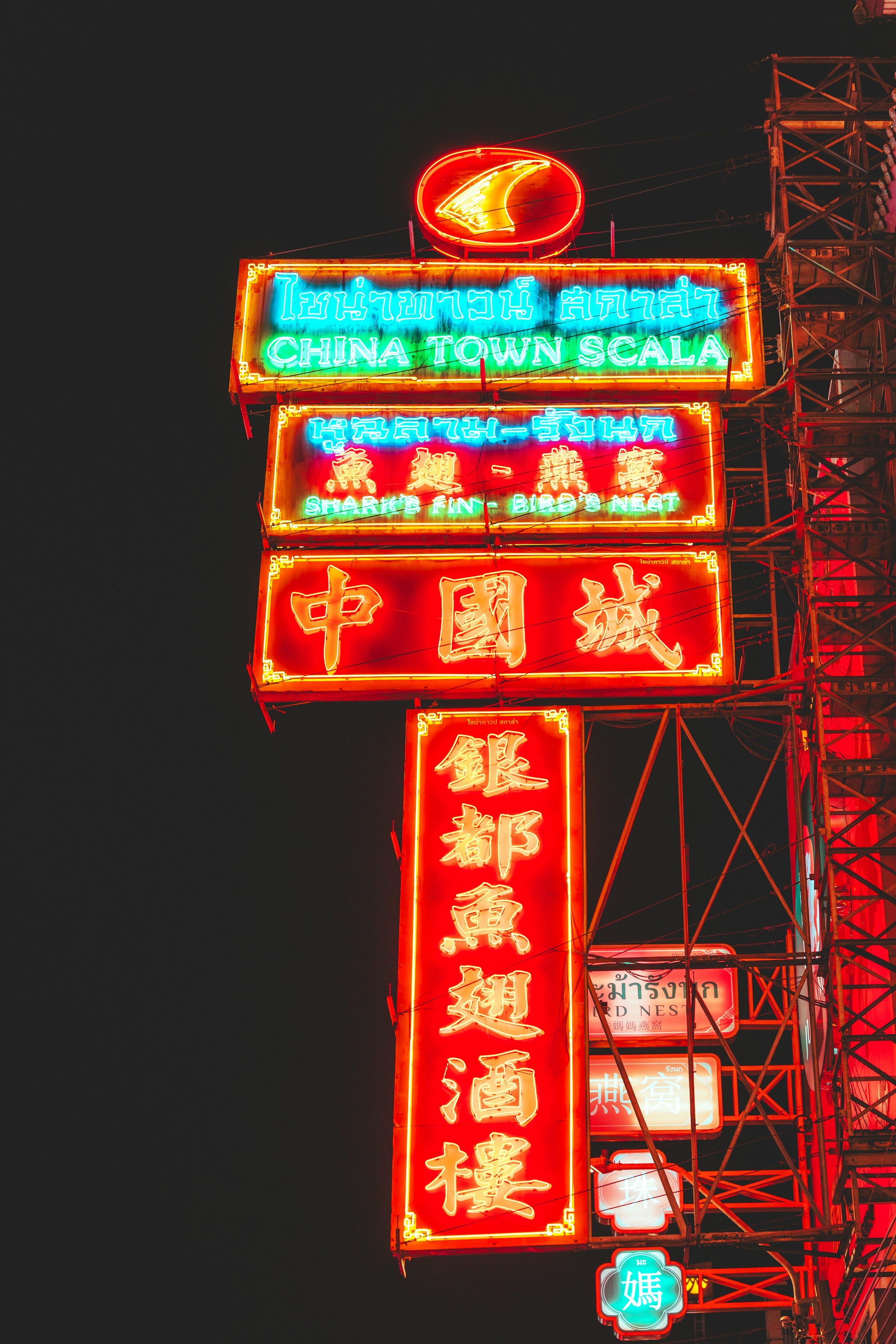 Neon signs illuminate a Chinatown street at night