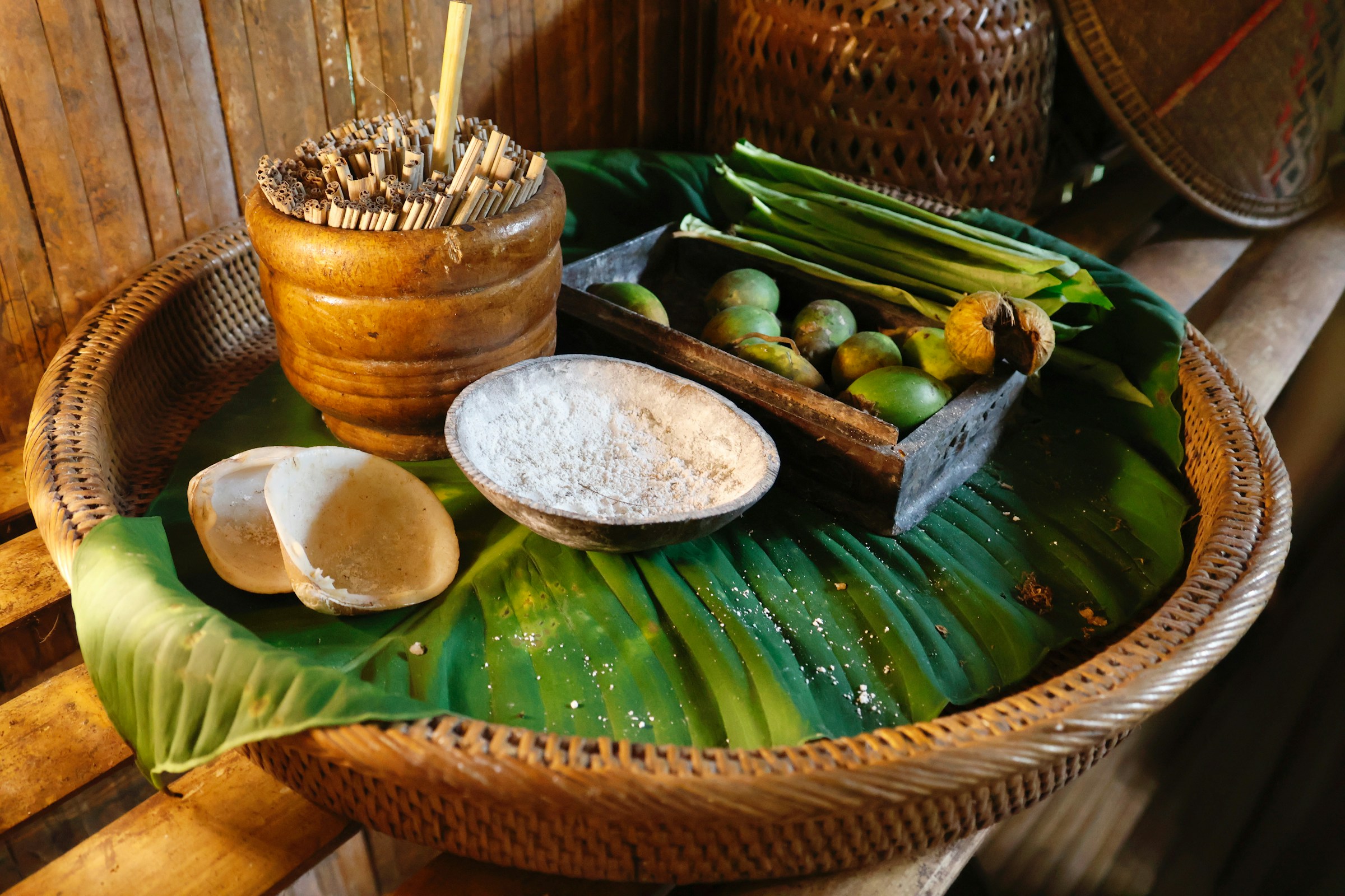 Ingredients for traditional Thai cooking on a banana leaf