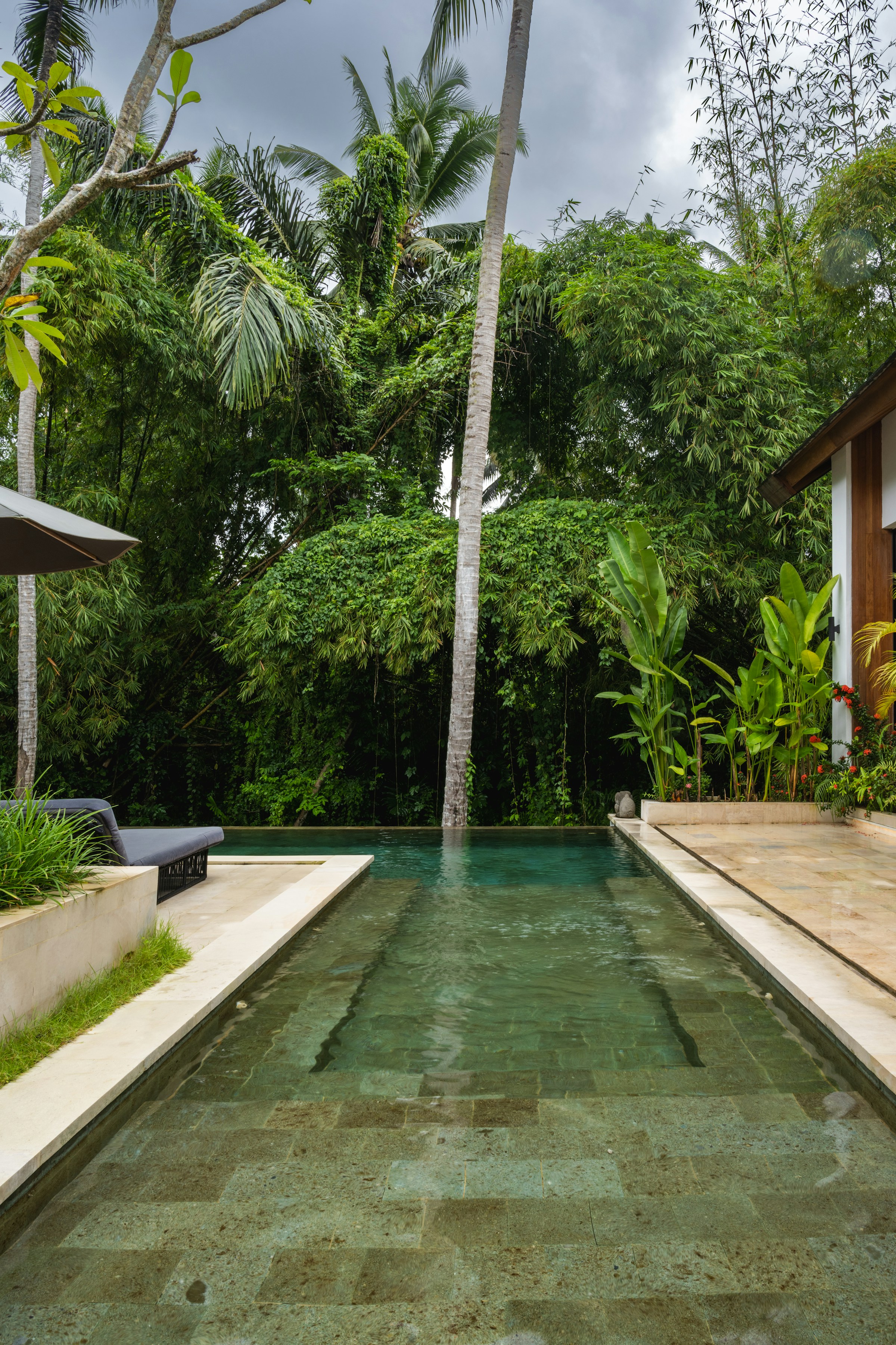 Private villa pool in lush green garden