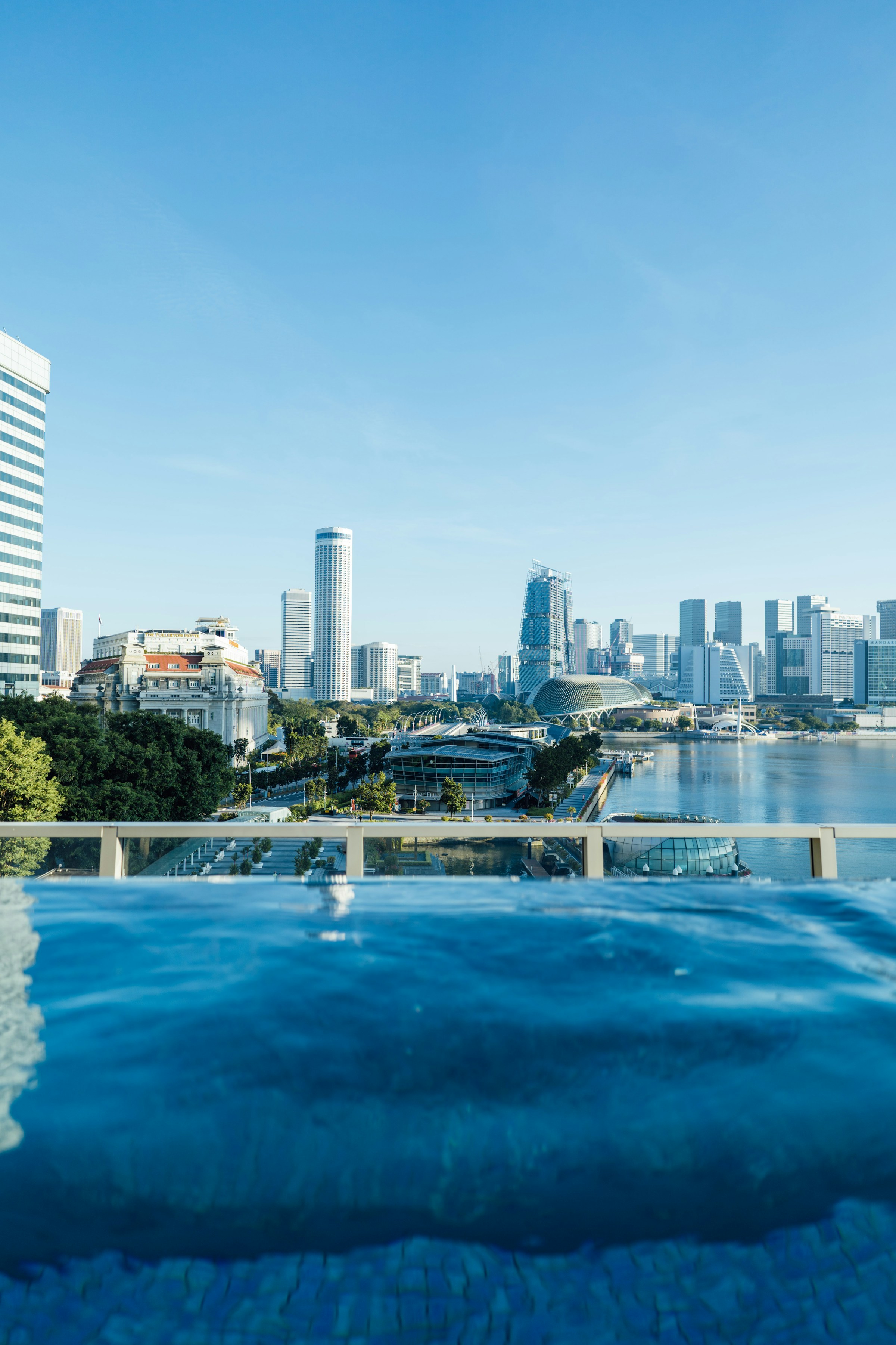 Swimming pool with a city skyline in the background
